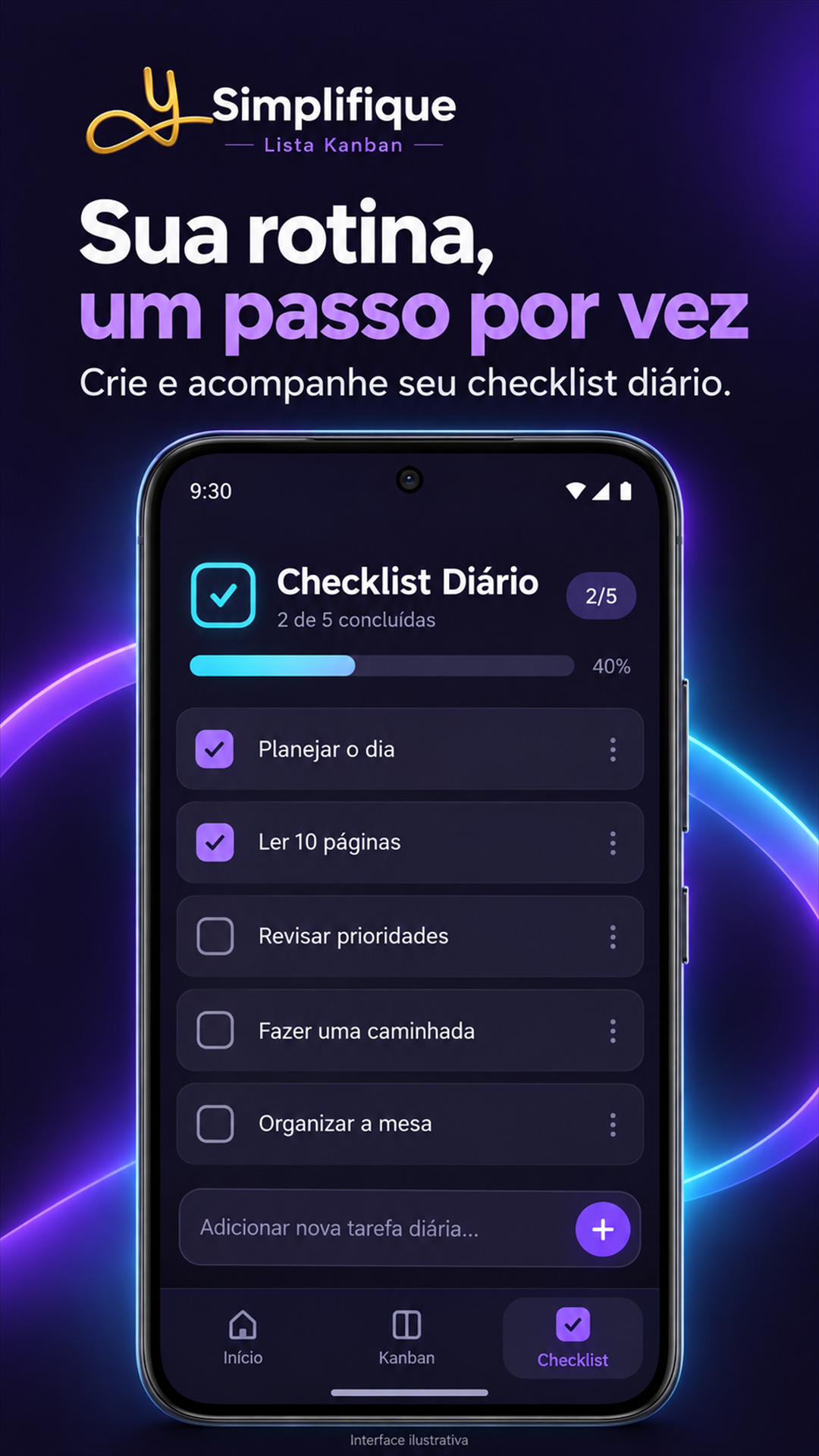 Ilustração do Simplifique mostrando uma lista de tarefas diárias